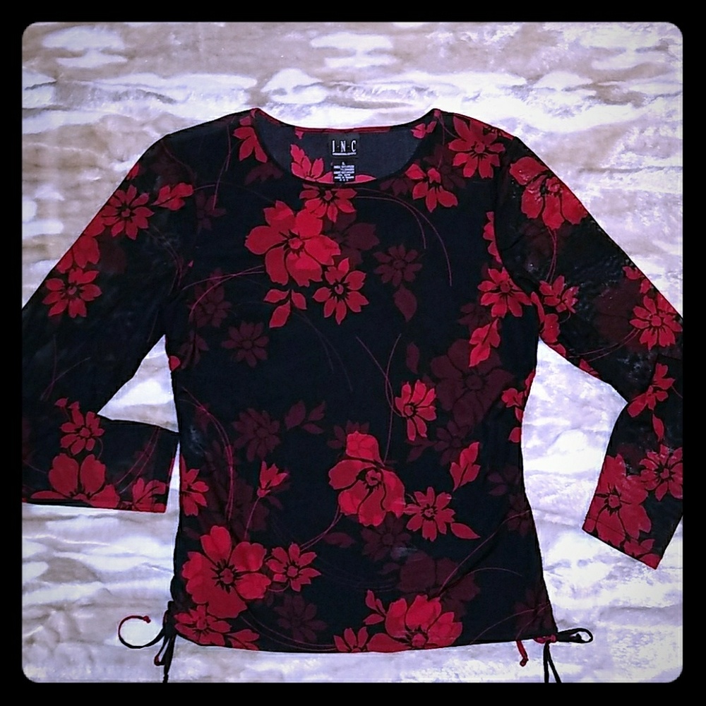 I.N.C Black top w/red flowers, sheer sleeves.